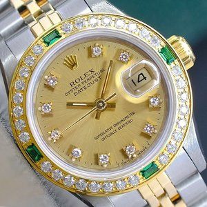 ROLEX LADIES DATEJUST TWO-TONE CHAMPAGNE DIAMOND DIAL DIAMOND BEZEL 26MM 69173